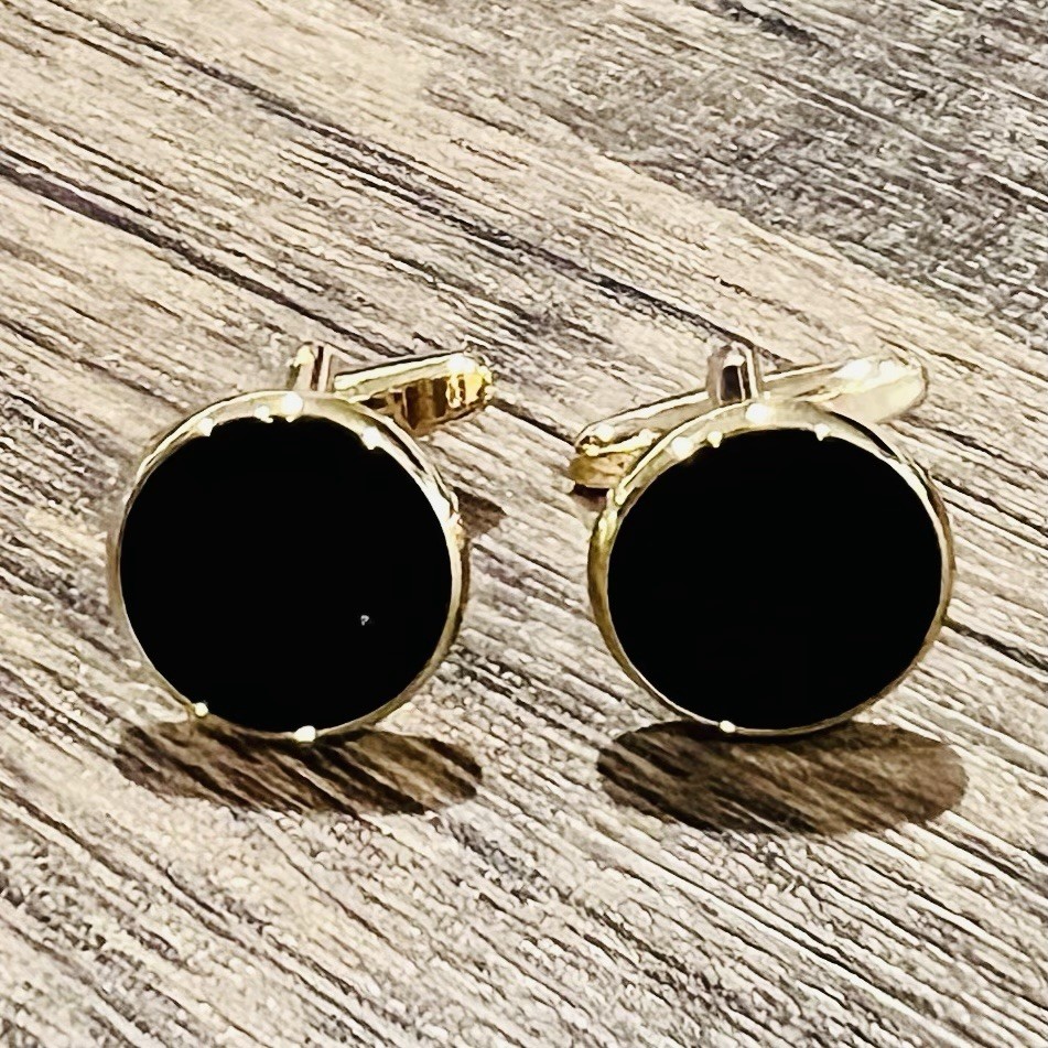 Gold Rim Round Onyx Daily Wear Cufflinks Men Birthday Gift Cuff Link With Box