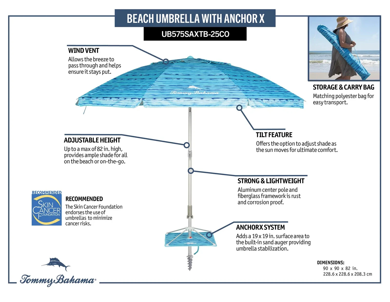 Tommy Bahama 7.5’ Beach Umbrella Adjustable Tilt