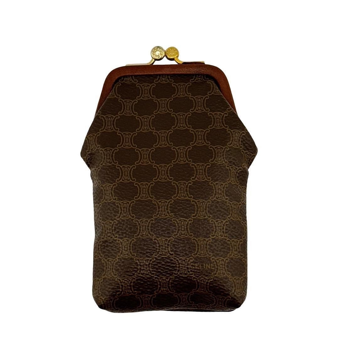 Celine Macadam Pattern Coin Pouch Clasp Accessory Case Leather Brown Used
