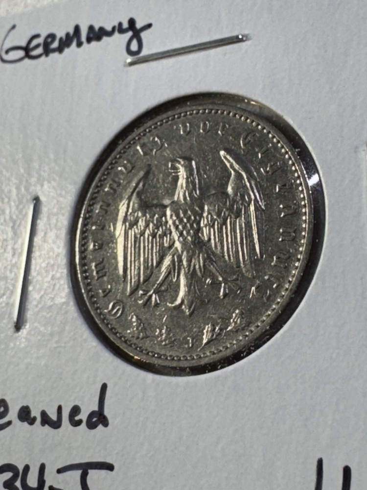 1934-J Germany 1 Mark Coin Cleaned