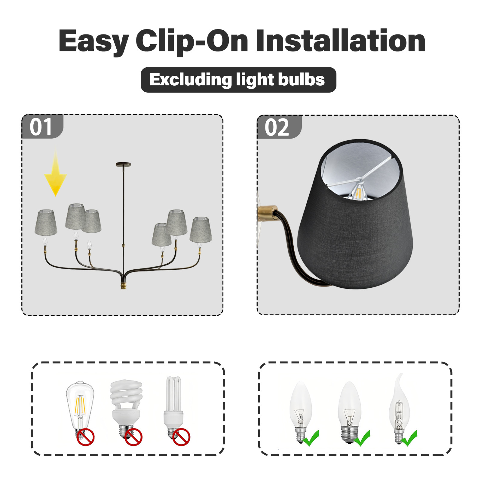 Set of 6 Black Clip-On Chandelier Lamp Shades for E12 Bulbs, Mini Fabric Shades