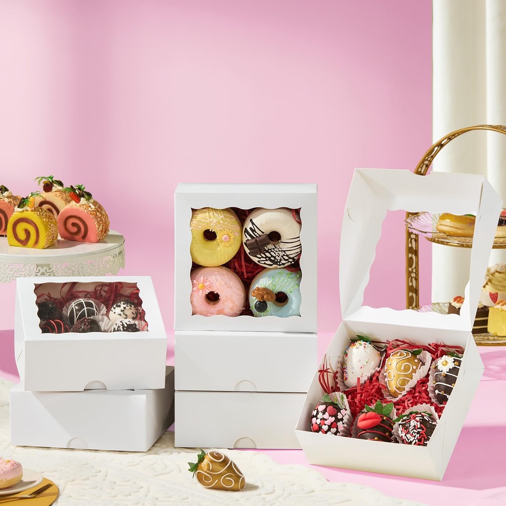 20pcs 6"x6"x2½ White Bakery Boxes with Window Cookie Boxes Small Cake Boxes M...