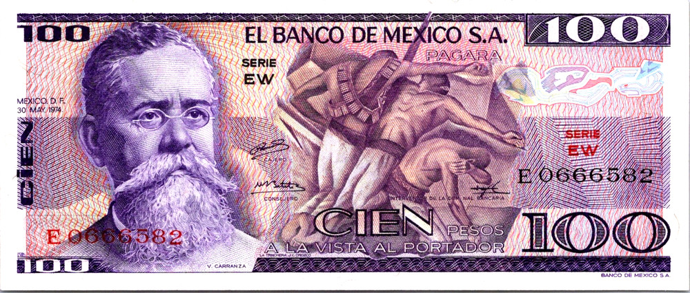 Mexico 100 Pesos 1974 SEQUENTIAL Gem UNC Notes Pick-66A