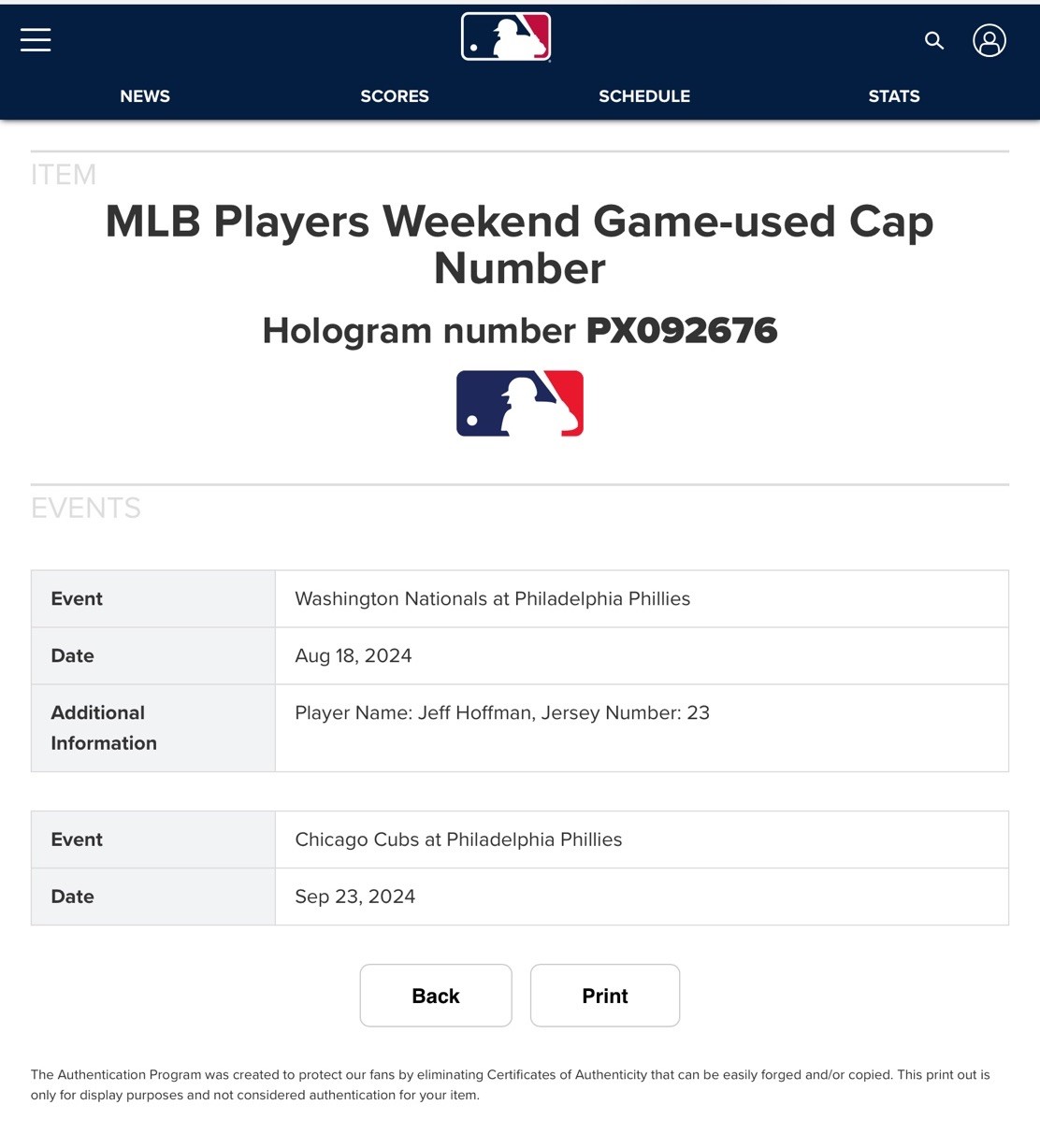 Jeff Hoffman Game Used Worn 2024 Phillies Players Weekend Hat Patch MLB COA