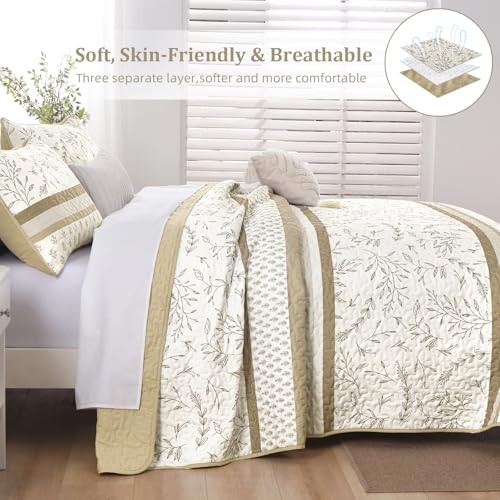 Striped Quilt Set Size Boho Striped Patchwork Leaves Printed Queen Brown