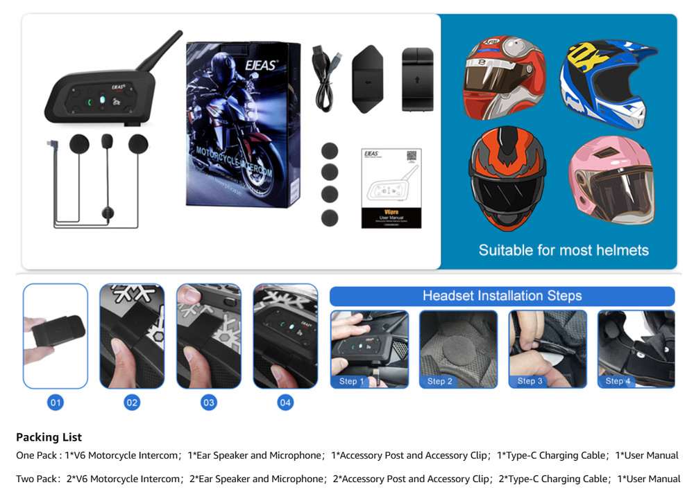EJEAS Vnetphone V6 Motorcycle Bluetooth Headset, 2 Riders Intercom Bluetooth 5.1