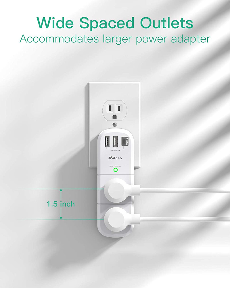 USB Outlet Extender Surge Protector - with Rotating Plug, 6 AC Multi Plug and 3