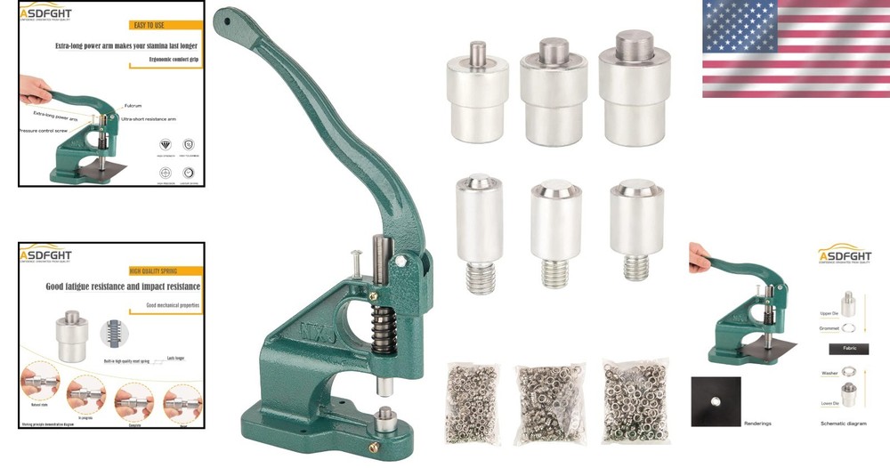 Efficient Grommet Machine Kit - 3 Interchangeable Dies & 1500 Grommets Included