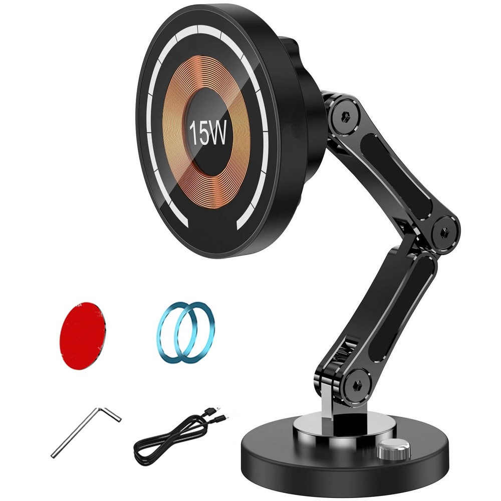 Magnetic Car Phone Mount with 15W Wireless Charging for iPhone Android Devices