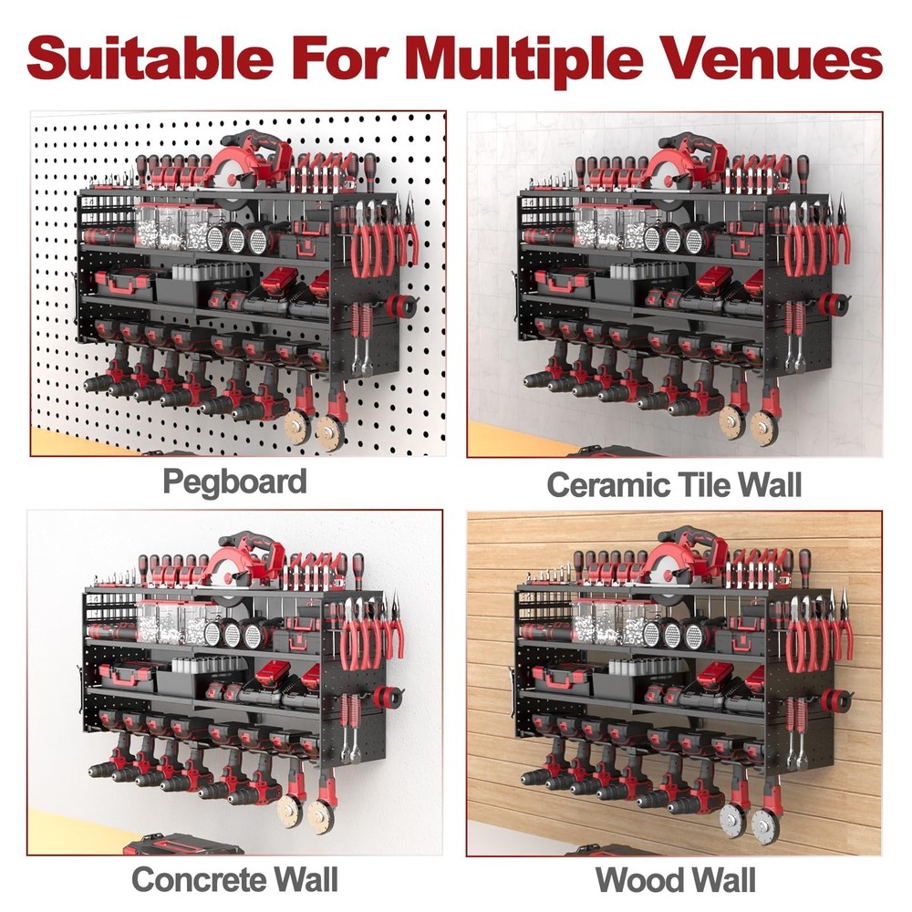 Power Tool Organizer Wall Mount, 4 Tier Tool Storage Rack with 8 Cordless Dri...
