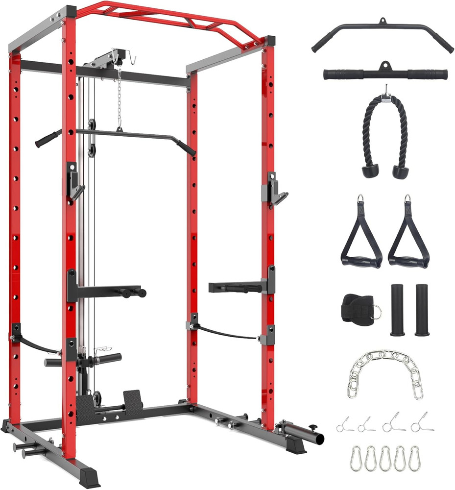 Power Cage, Multi-Function Squat Rack with LAT Pulldown, 1600 LBS Weight Capacit