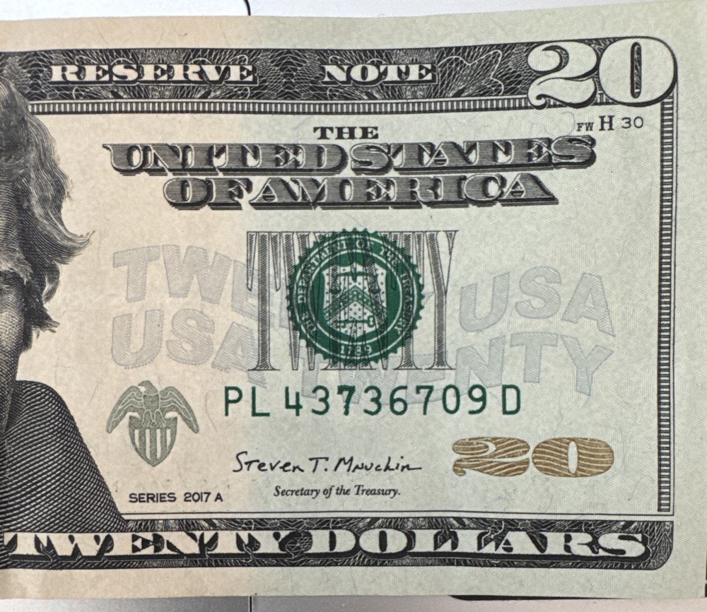 One (1) 2017 $20 Note w/Over-Ink Error on the Upper & Lower #7’s!