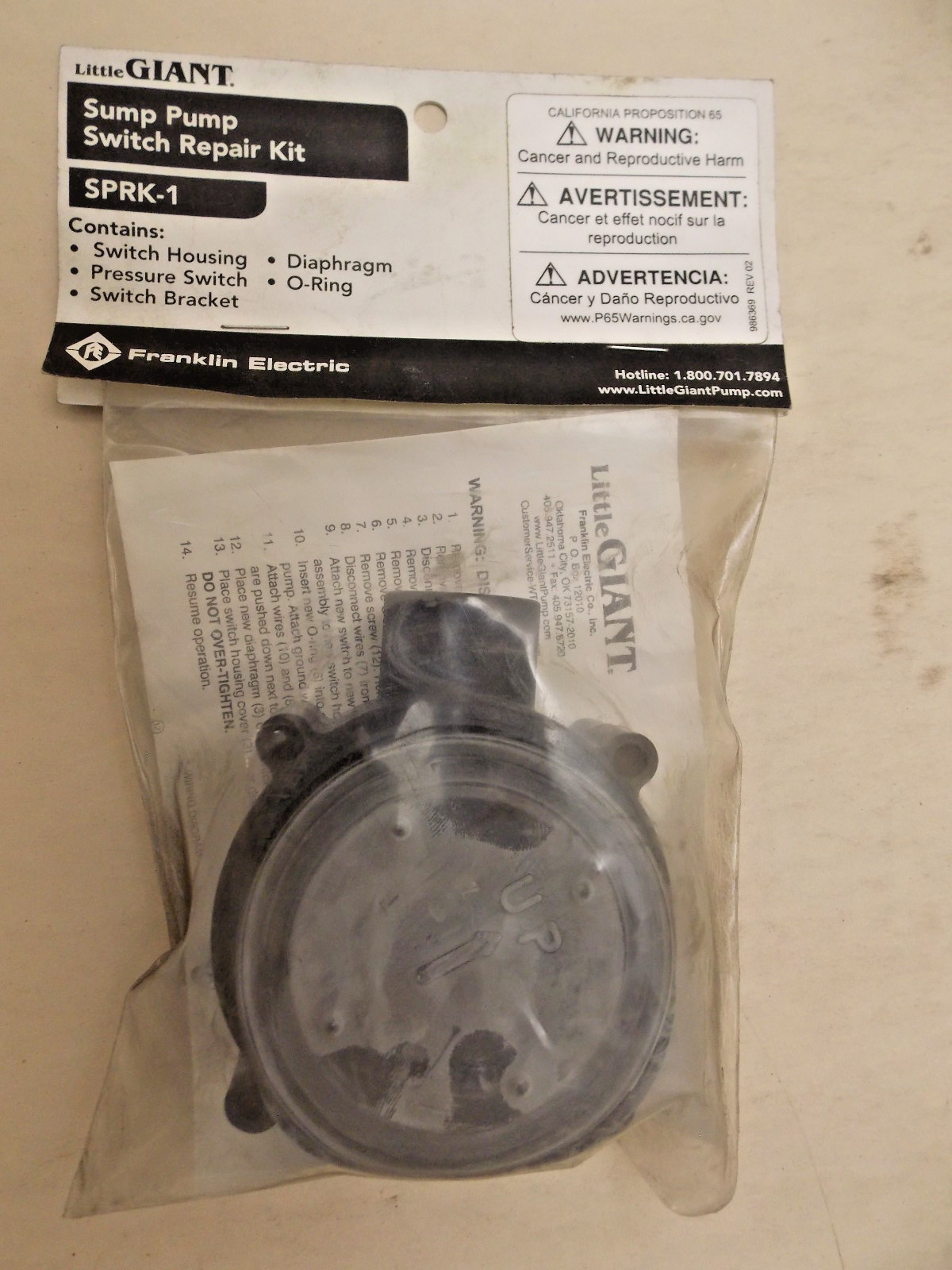 Little Giant SPRK-1 Sump Pump Diaphragm Switch Repair Kit w Casing, Black 599300