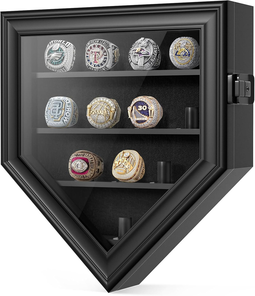 Championship Ring Display Case, 12 Posts Baseball Ring Holder, Lockable Wall Mou