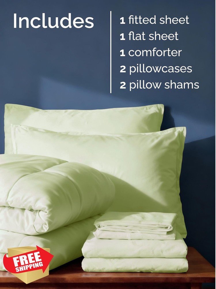 King Comforter Set 7 Pc Bed Set Light Sage Green Down Alt