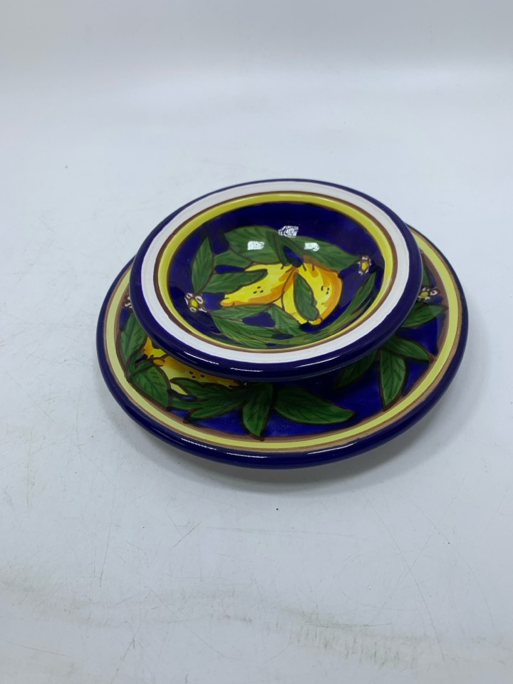 2 PC COBALT BLUE W/ LEMONS DISH/PLATE.