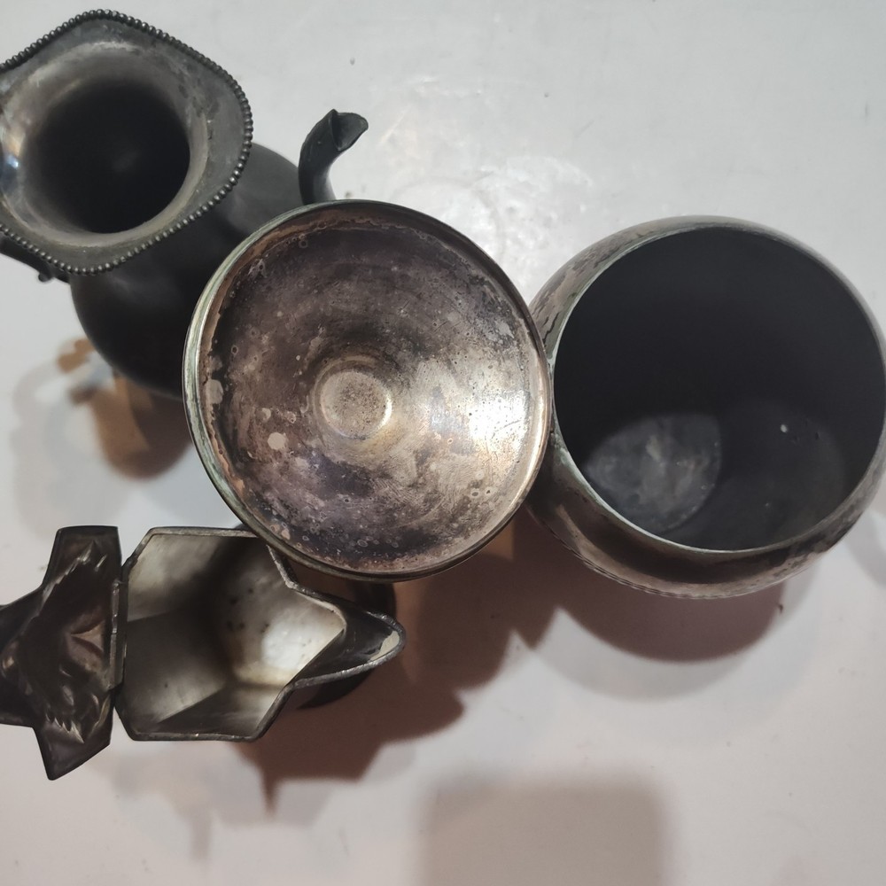 3 Vintage Silver Over Copper Hinged Lid Tea Pots