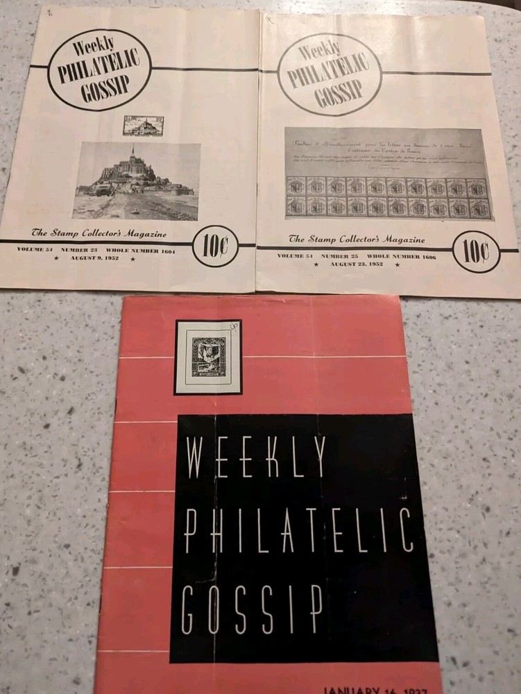 Vintage Three 1937 & 1952 Weekly Philatelic Gossip Magazines