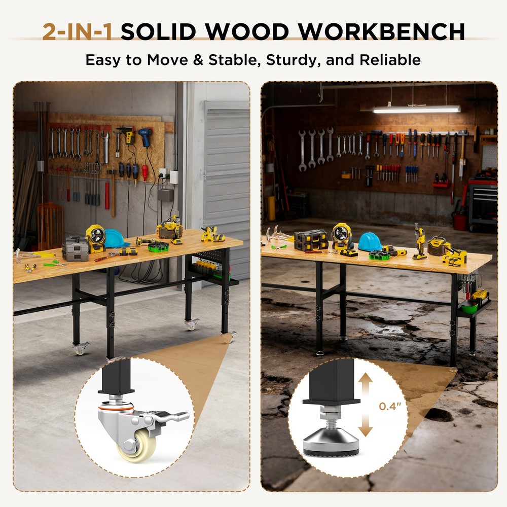 96" Adjustable Workbench with Side Pegboard Adjustable Height Garage Work Table