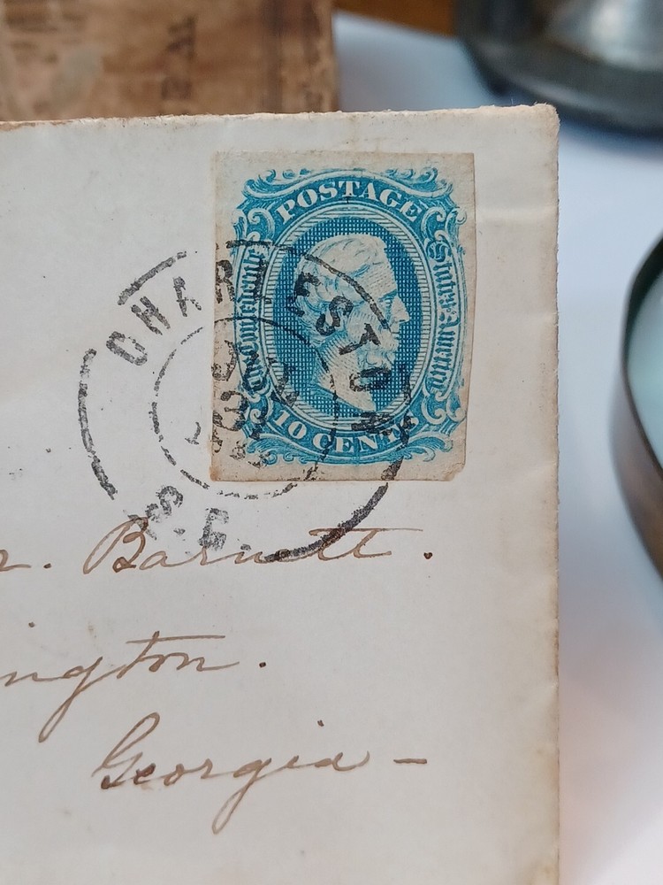 1863, 10 Cent Confederate State Blue Jefferson Davis Antique Stamp Postal Mail