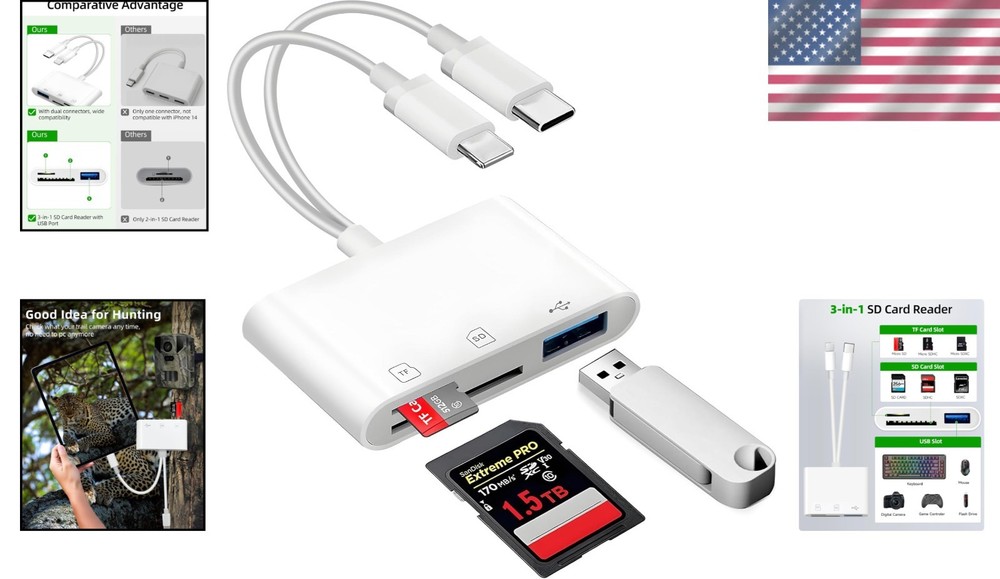 3-in-1 SD Card Reader & USB-C Adapter for iPhone & Digital Cameras - White