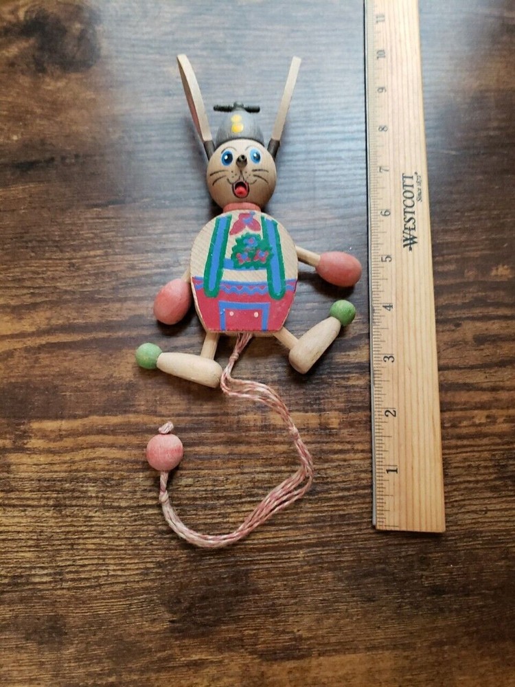 Vintage Jumping Jack Toy Wooden Bunny Rabbit Easter Pull String Austria Painted