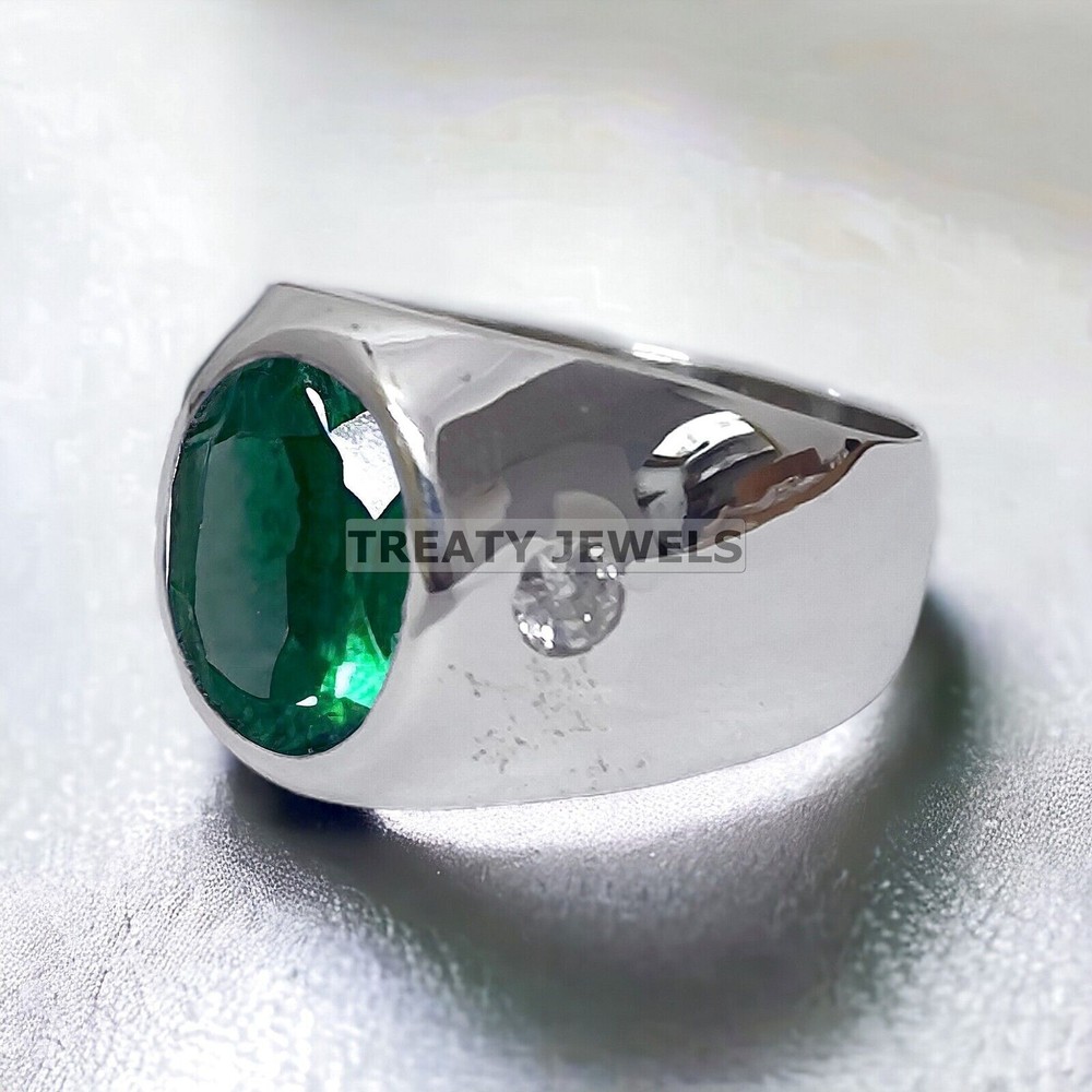 Emerald Oval Cut Gemstone With 14K Solid White Gold Ring For Men's #596
