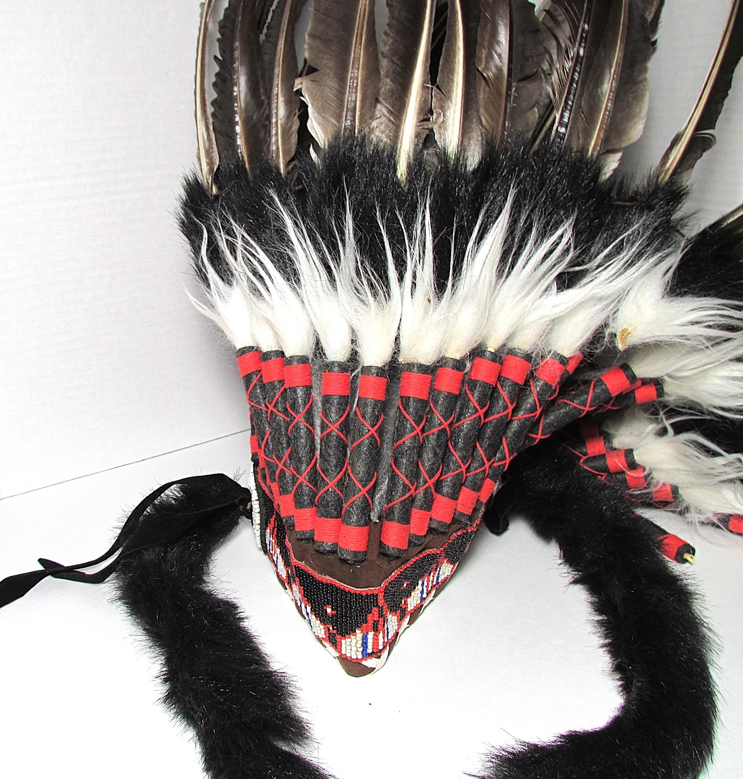 VINTAGE NATIVE AMERICAN FEATHERED & BEADED WARBONNET 34 INCHES LONG