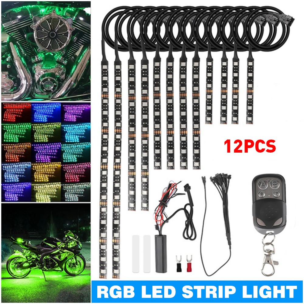 12pcs Motorcycle LED Under Glow Light Kit Multi-Color Neon Strip /Remote Control