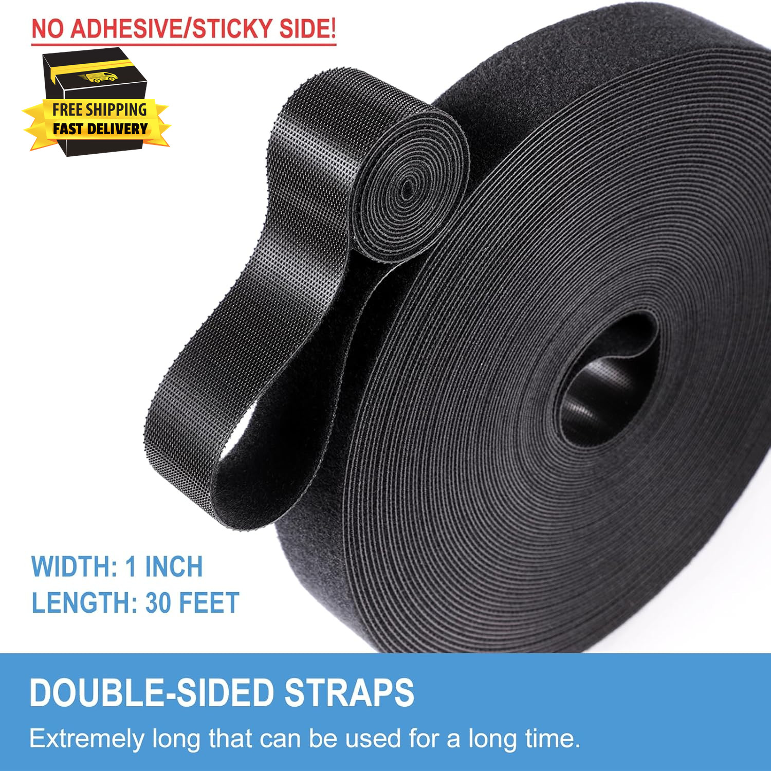 1 in X 30 Ft Hook and Loop Roll | Double-Sided Strips, Self-Gripping Straps | Re
