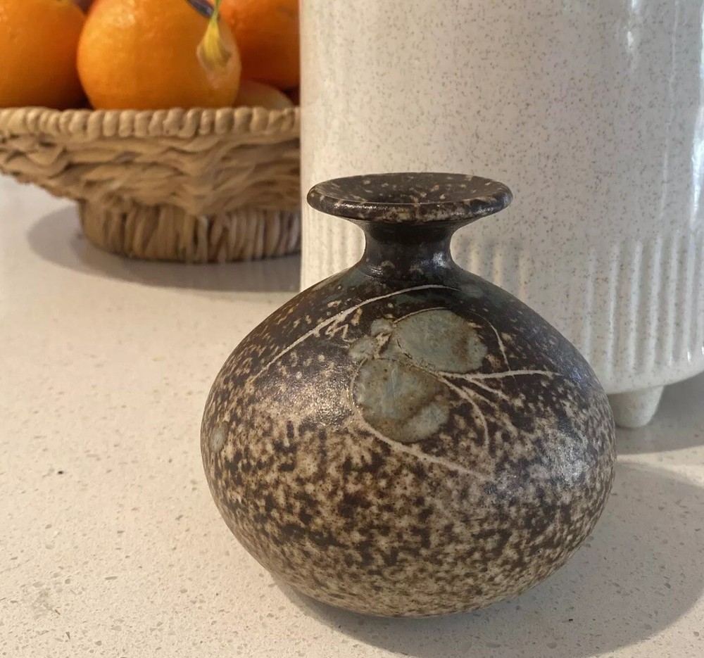 Artisan Studio Pottery Unique Brown Bulb Vase, Glazed Inside,Leaf Design, Signed