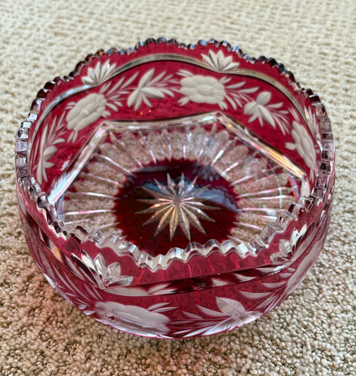 VINTAGE RUBY RED Bohemian Czeck Art Crystal Cut To Clear Center Piece Bowl