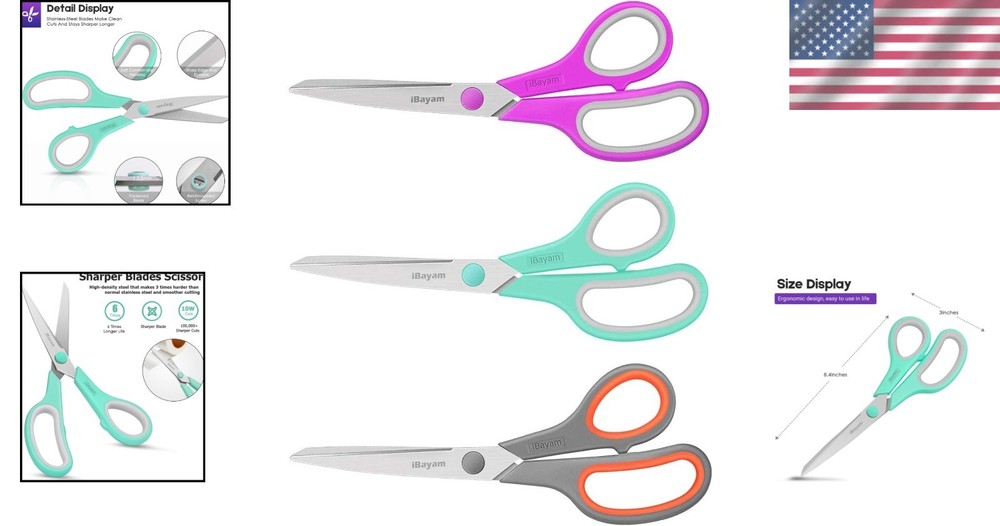 Quality 3-Pack 8-Inch All-Purpose Shears: Perfect for Office & Craft Use