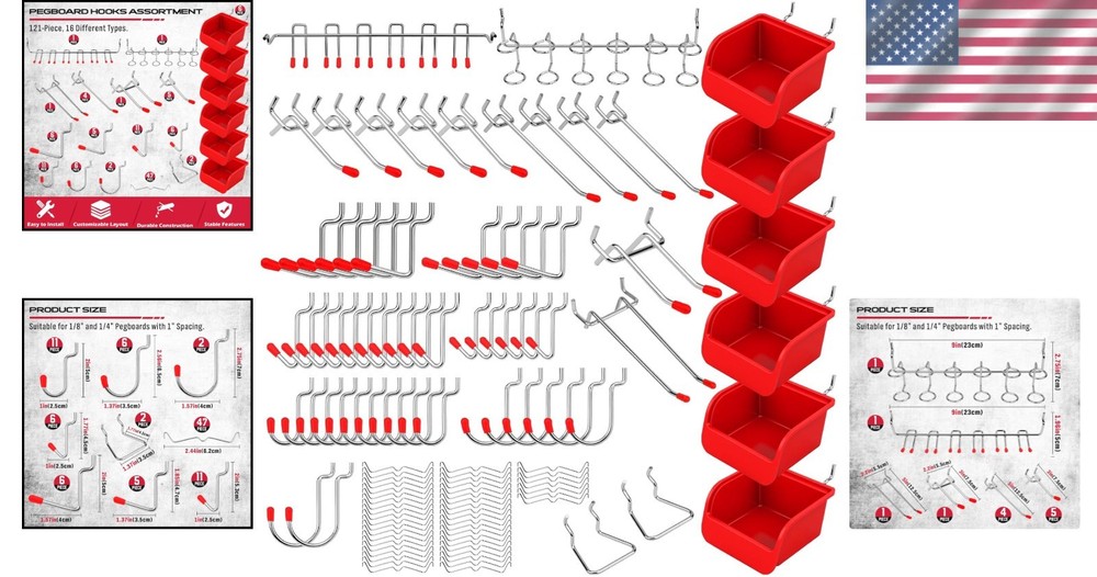 121-Piece Rust Resistant Pegboard Hook Set with 13 Types for Organizing Tools