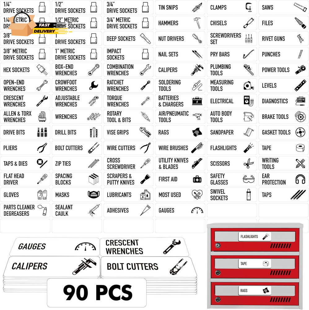 90 PCS Magnetic Toolbox Labels, 82 Pre-Printed & 8 Blanks Large Size Tool Chest