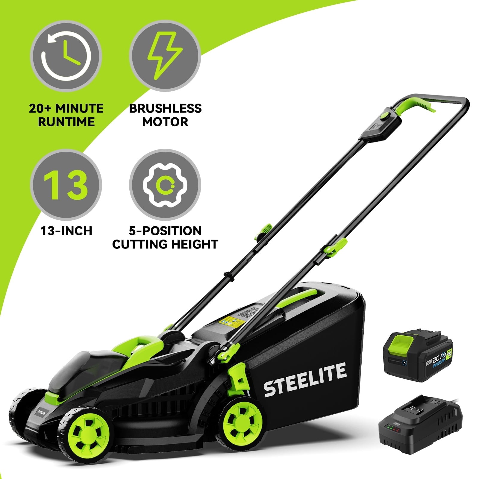 Steelite 13in Electric Cordless Lawn Mower with Brushless Motor & 4.0Ah Battery