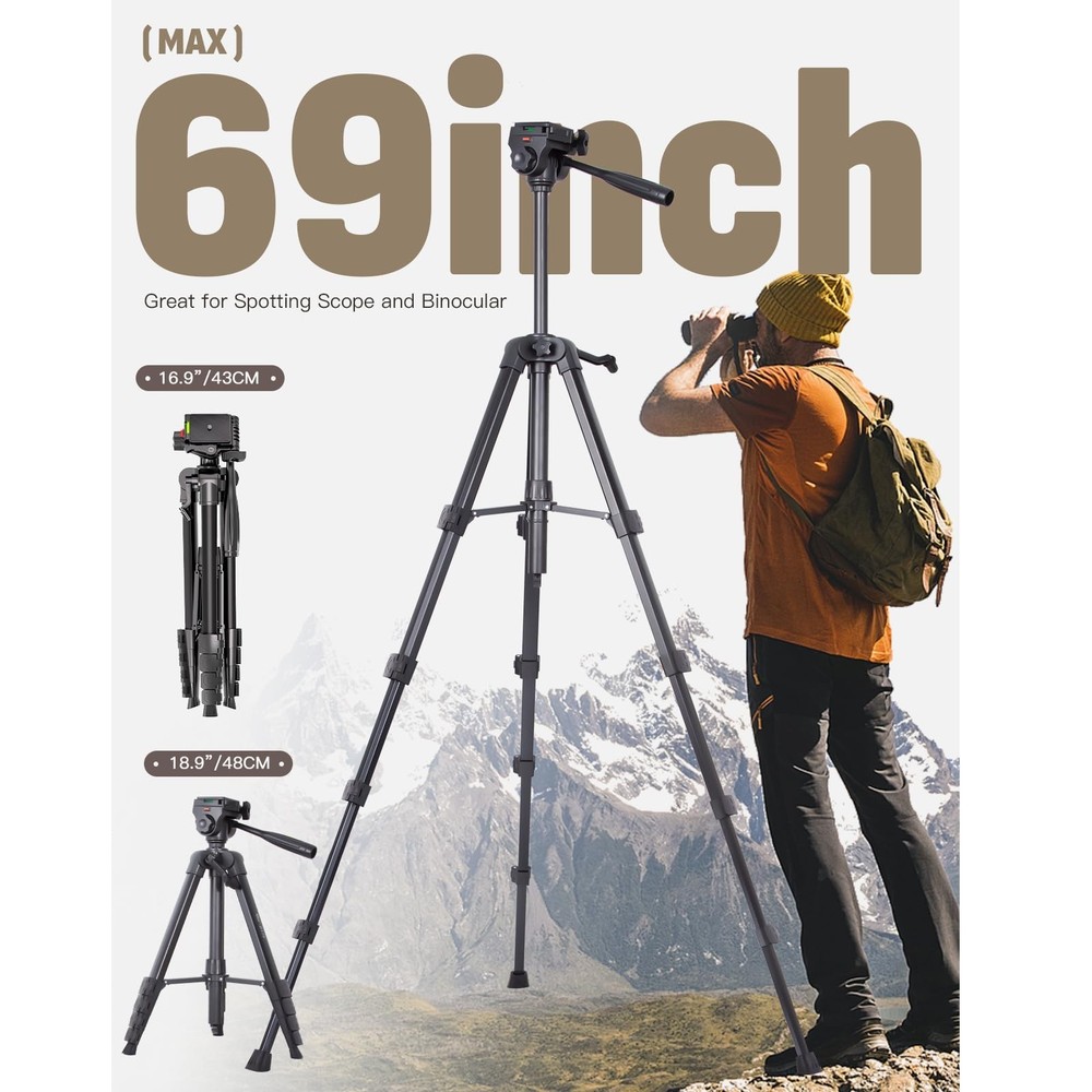 69” Tripod for Spotting Scopes, Binocular & Camera, Includes Binocular Ada