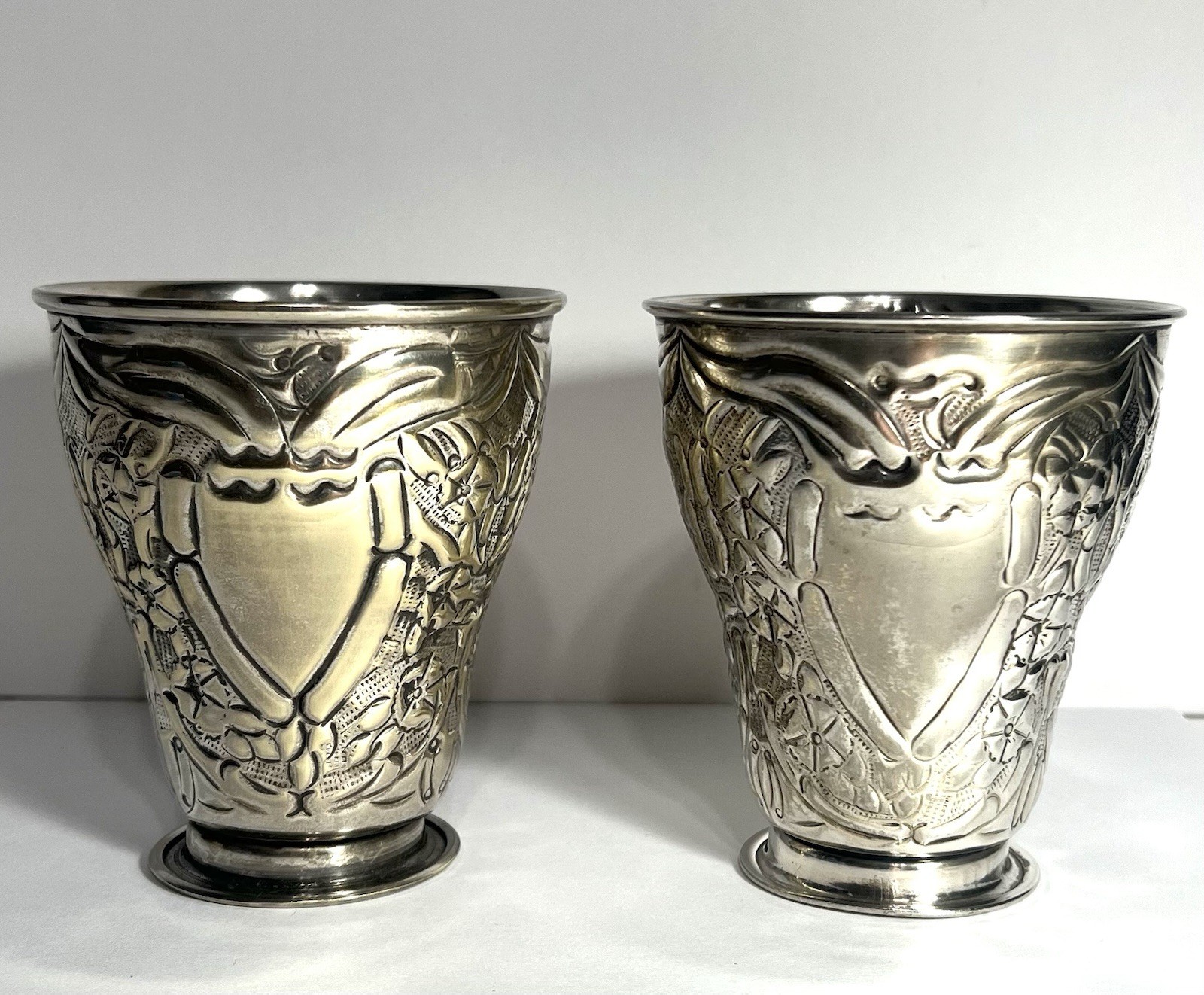 Vintage Silverplate Embossed Goblet Tumblers Vases - TWO’S COMPANY - 4” Tall