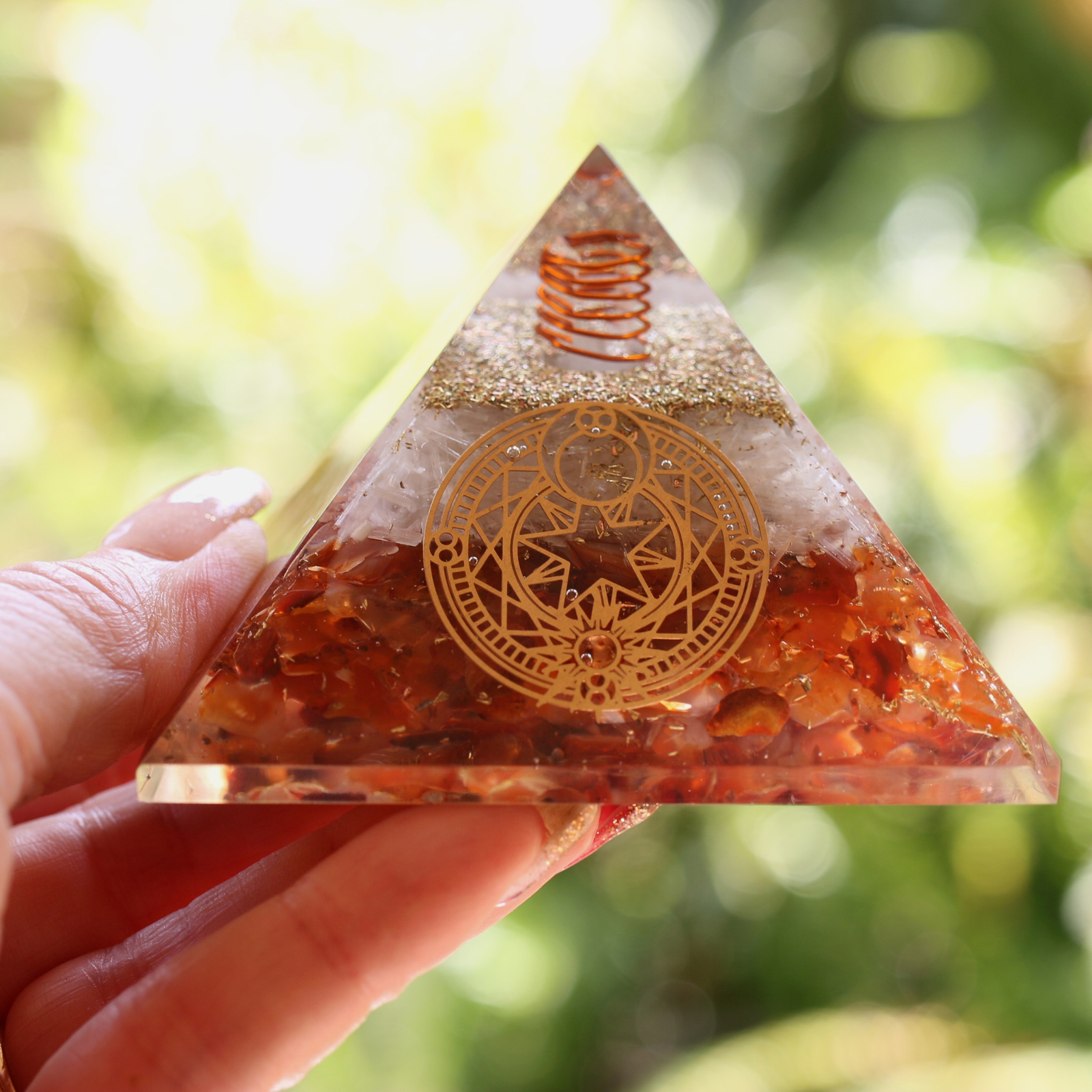 Natural Carnelian and Selenite Orgone Pyramid XL 75mm 3 inch EMF & 5G Protection