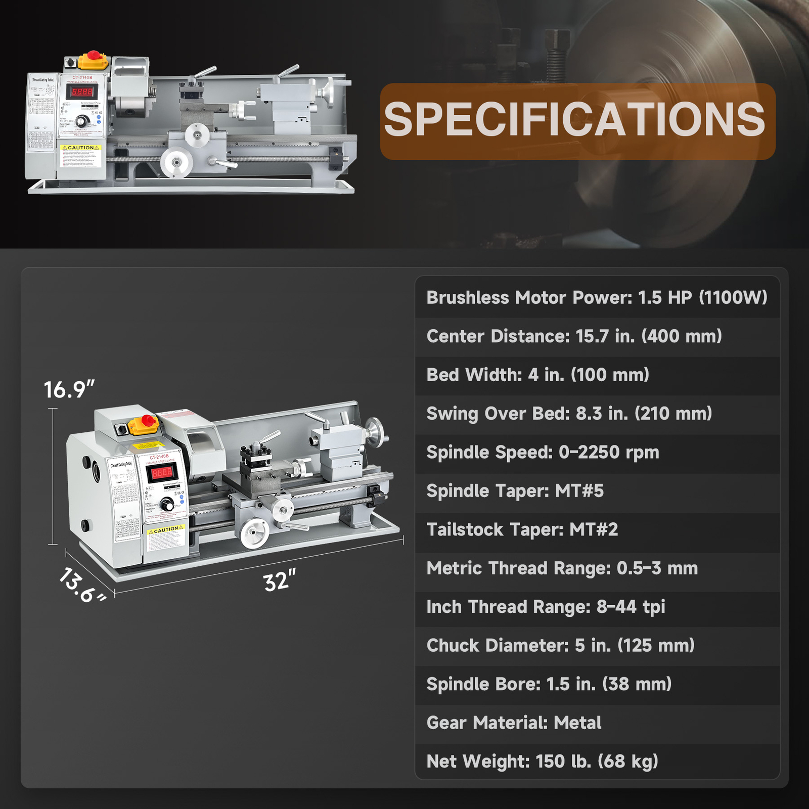 CREWORKS 8x16" Mini Metal Lathe Brushless 1100W 2250rpm 2-Chucks Tool Bundle