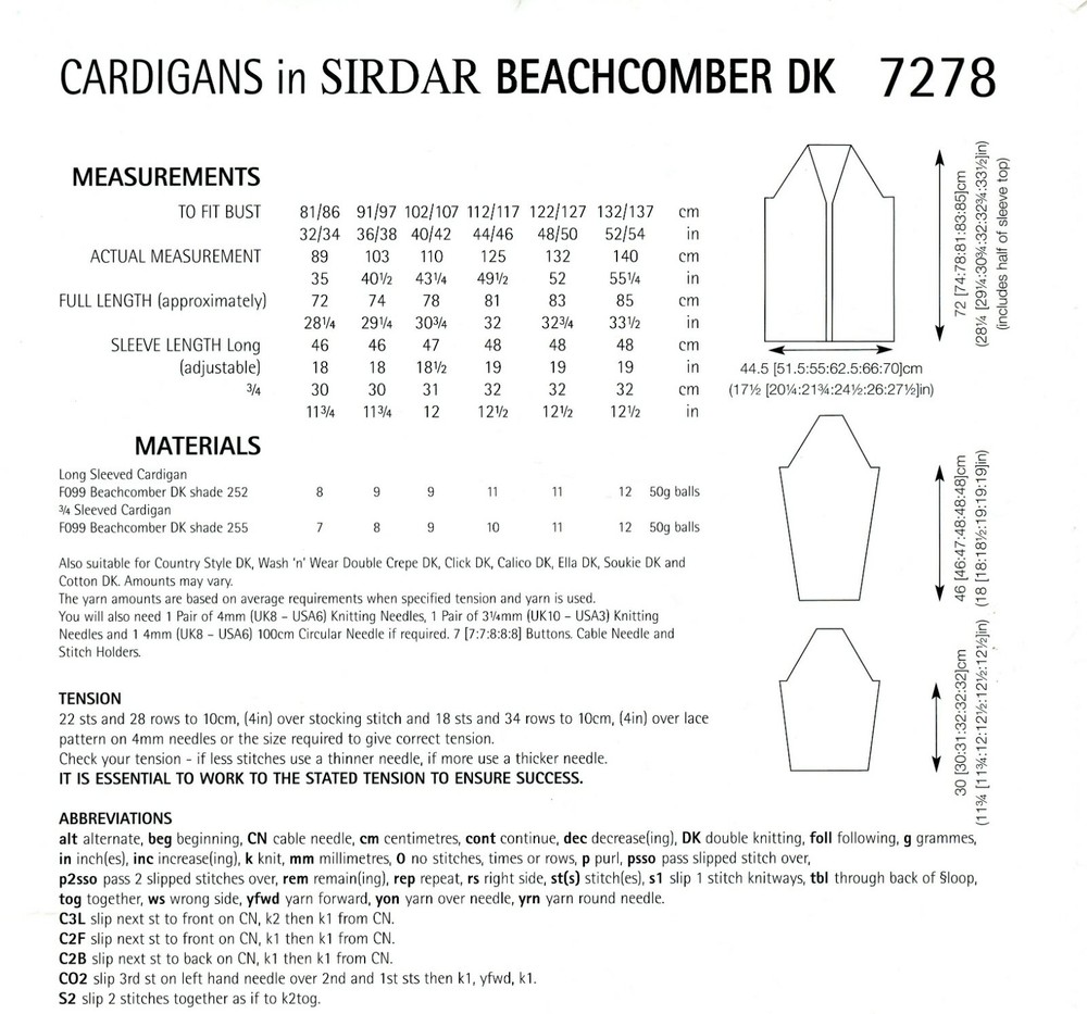 Sirdar Beachcomber DK Knitting Pattern 7278 Cardigans Larger Sizes Incl. 32"-54"