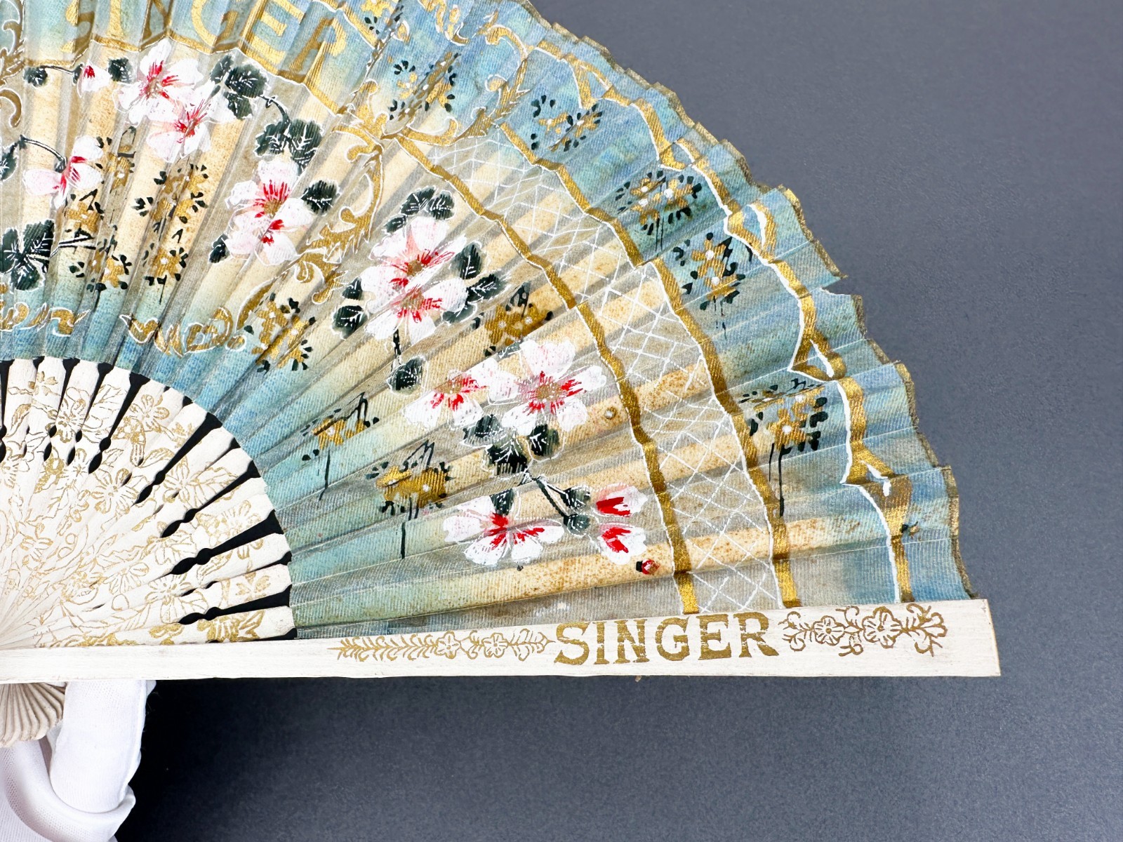 Singer Sewing Advertising Fan Antique Hand Painted Washi Japan 1921-1930