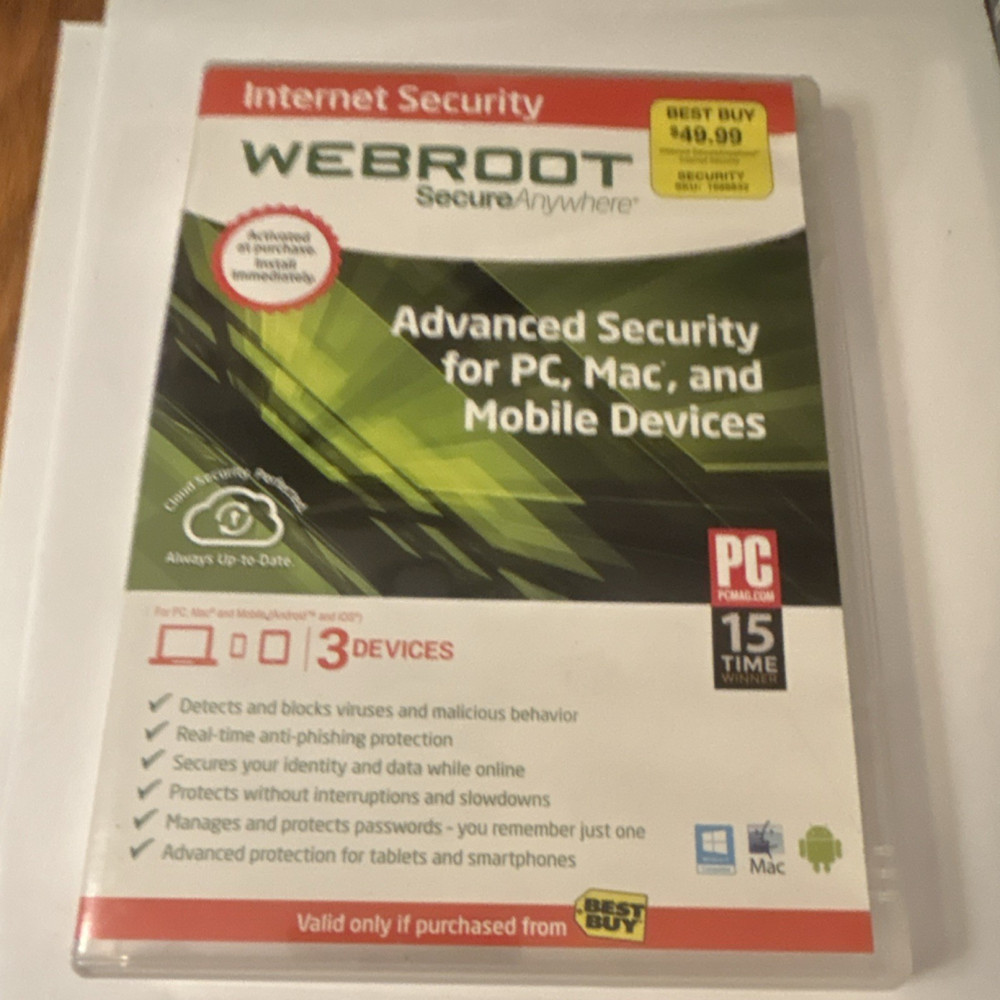 Webroot SecureAnywhere Internet Security DVD for PC Mac Android iOS 3 Devices