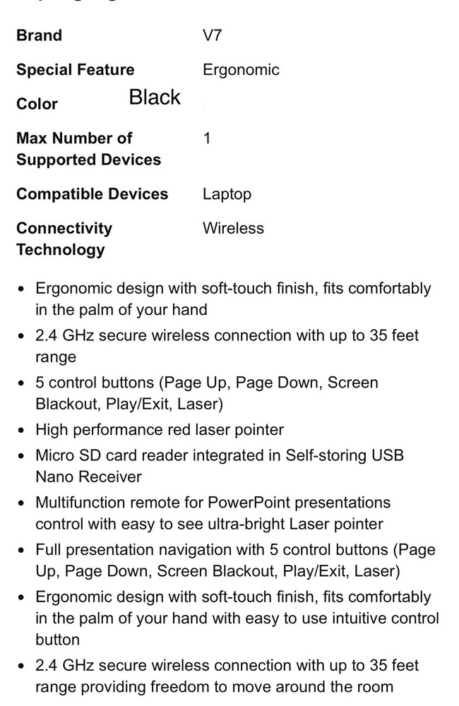 V7 WP1000-24G Professional Wireless Presenter with Laser Pointer and microS