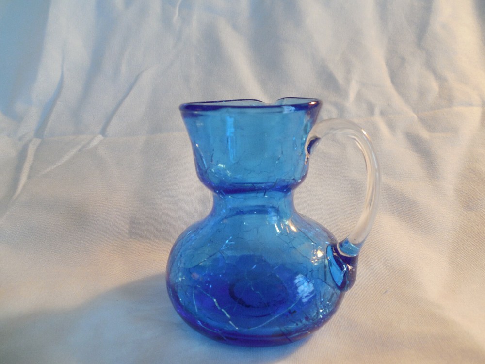 Crackled blue glass pitcher