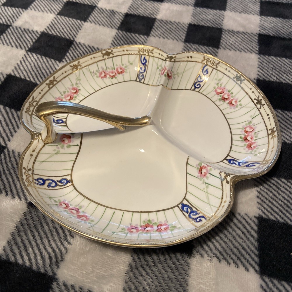 Nippon / Open Handled 3-part Relish / Nut Dish / Tray Hand Painted