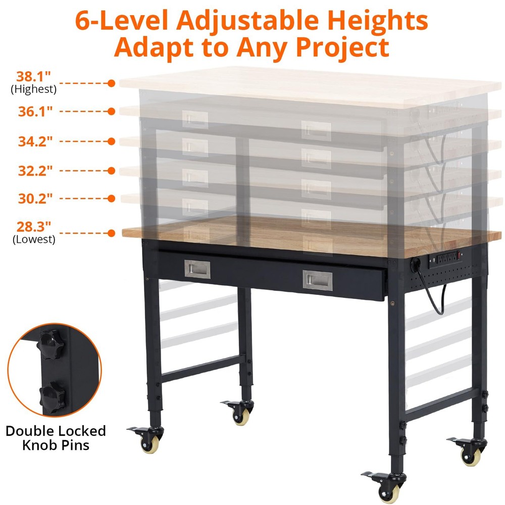 2000LB 48" Workbench Adjustable Height Workstation with Drawer Storage Backplate