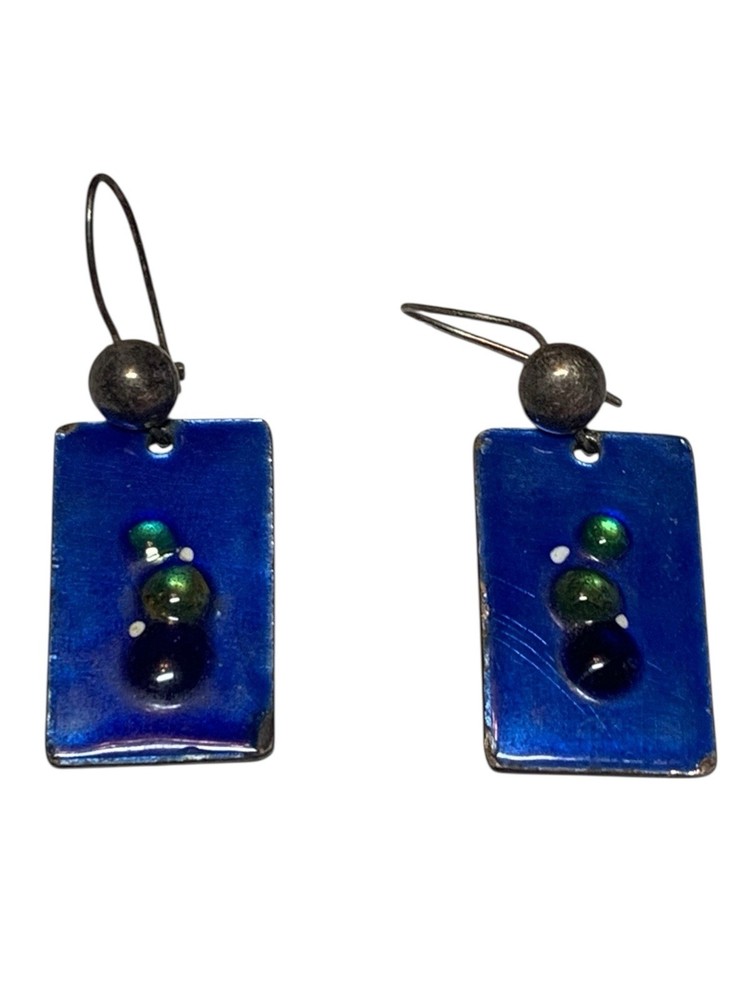 Handmade Blue Green Bubble Accent Rectangular Enamel Dangle Earrings