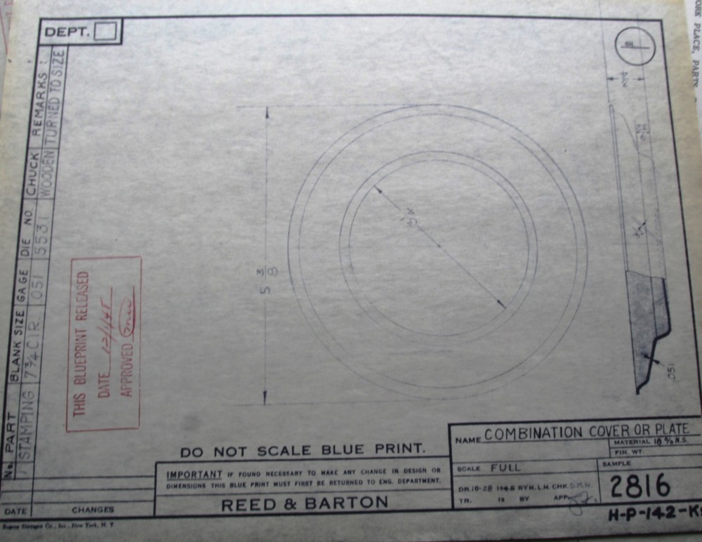 1948 Reed & Barton 22 Restaurant Silver Plate Blue Prints
