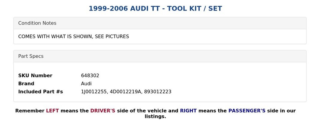 1999-2006 AUDI TT - TOOL KIT / SET